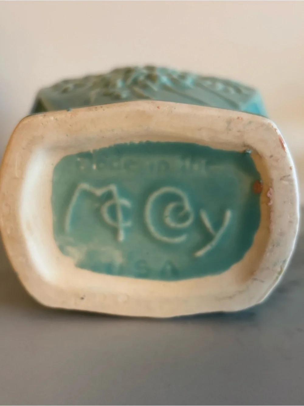 Vintage McCoy Pottery Turquoise Chrysanthemum Vase Art Deco Handles 1950s 7